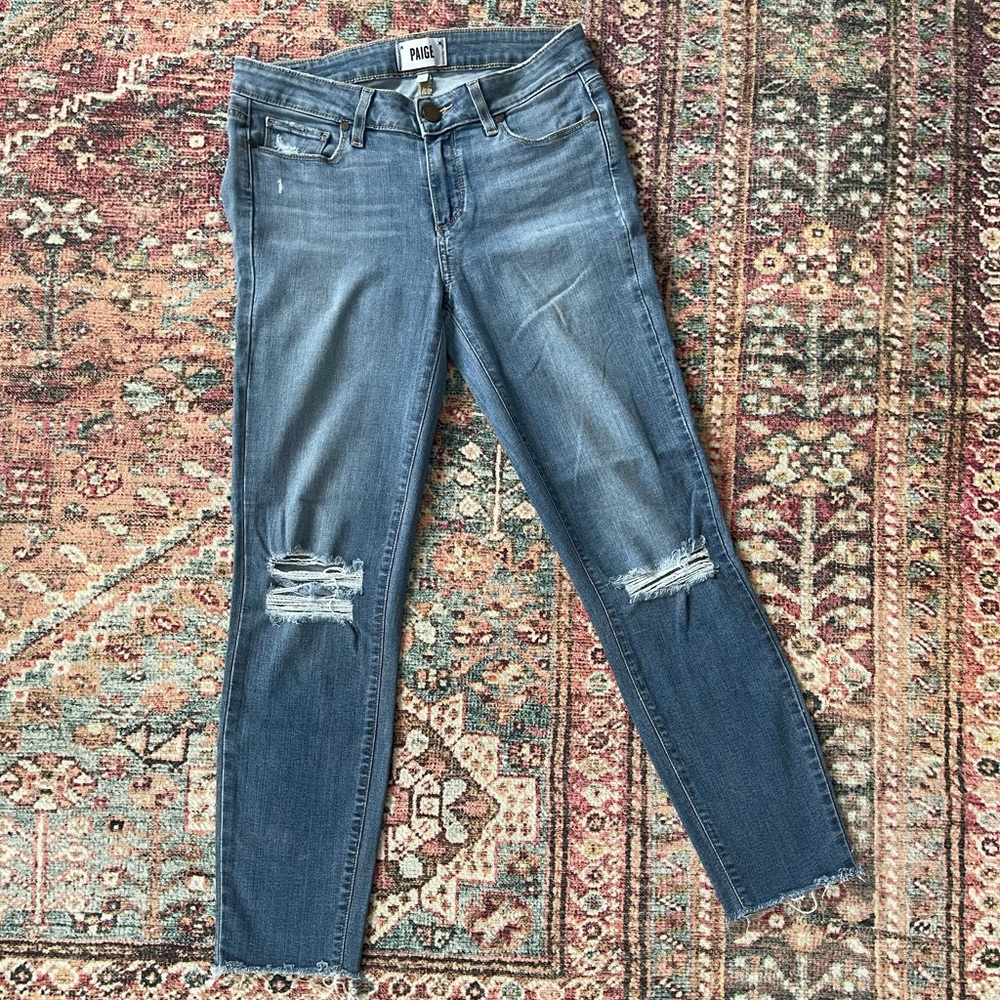 Paige Denim Mid Rise Medium Wash Distressed Jeans